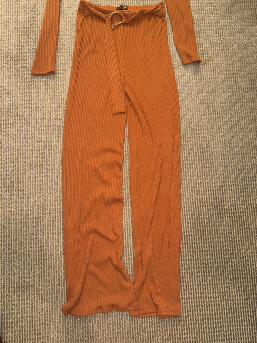 Fashion Nova Orange Ribbed High-Waist Flare Jumpsuit